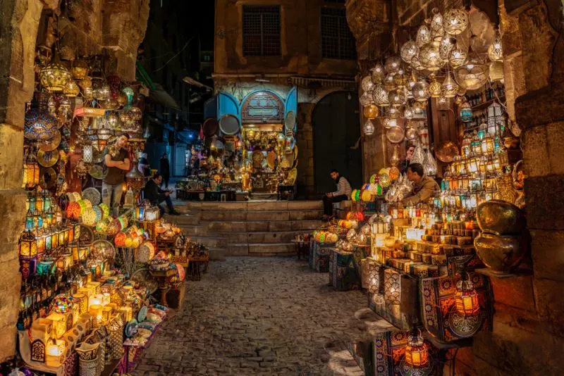 Explore the vibrant Khan El Khalili Bazaar on your 15-day Saudi Arabia and Egypt Tours with Nile Cruise.